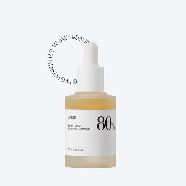Anua Heartleaf 80% Soothing Ampoule calmează instant pielea iritată și reduce roșeața. Conține 80% extract de Heartleaf, ideal pentru ten sensibil sau acneic.